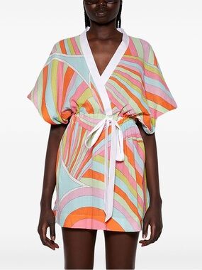 Emilio Pucci Iride Print Pastel Multi Striped Wrap Dress with White Trim